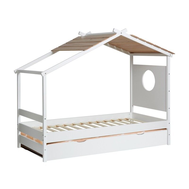 Cama cabana + cama elevável em madeira blanche 90x190cm