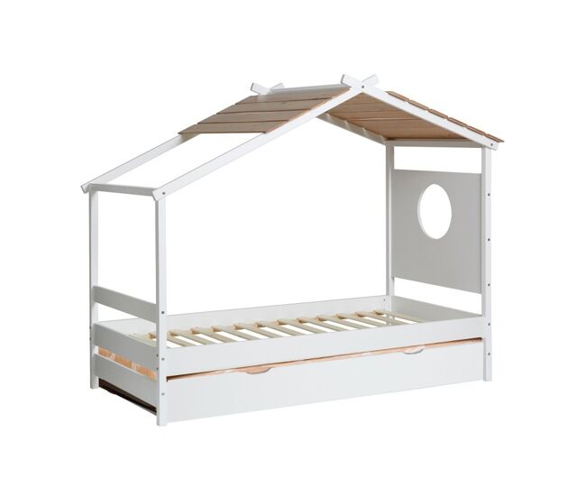 Cama cabana + cama elevável em madeira blanche 90x190cm