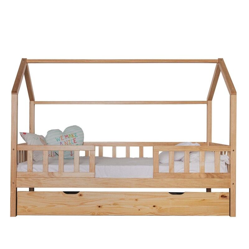 Cama casinha com grade + madeira de pinho 90x190cm