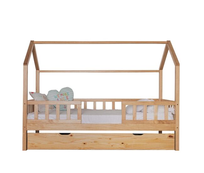 Cama casinha com grade + madeira de pinho 90x190cm