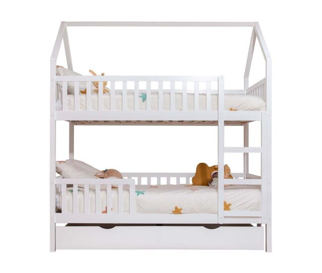 Beliche casinha + gaveta de arrumação em madeira blanche 90x190/90x190cm