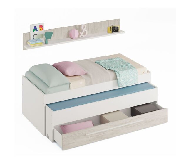 Cama e étagère em aglomerado blanc + estrados 65x199x96cm