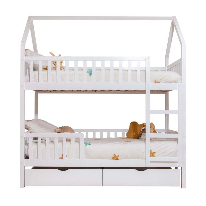 Beliche casinha + 2 gavetas de madeira blanc 90x190/90x190cm