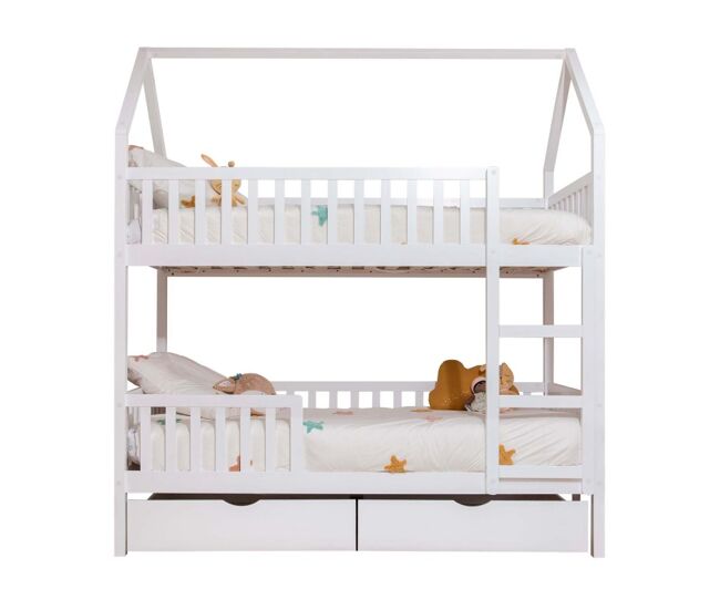 Beliche casinha + 2 gavetas de madeira blanc 90x190/90x190cm