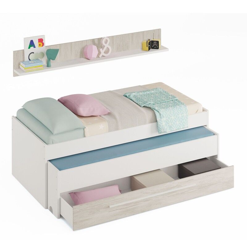 Cama e étagère em aglomerado blanc + estrados e colchões 65x199x96cm