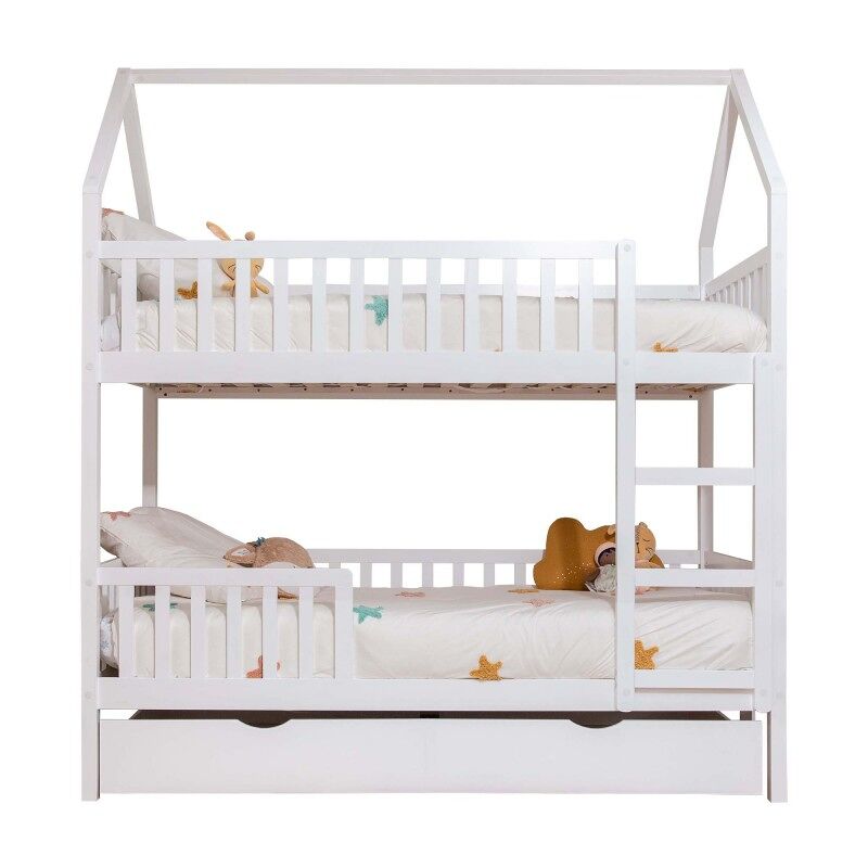 Beliche casinha + cama extraível de madeira blanc 90x190/90x190cm