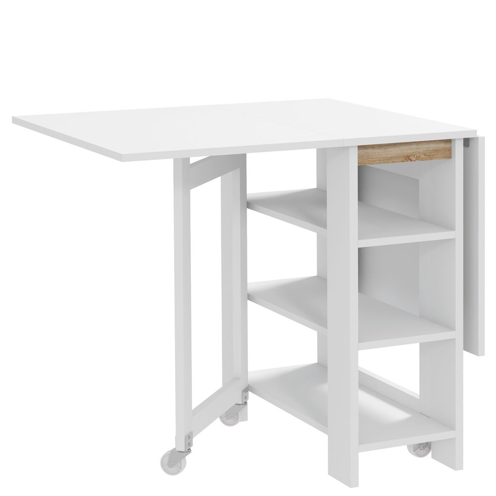 Homcom mesa dobrável com asas dobráveis mesa de cozinha com 2 rodas e prateleiras estilo moderno 120x60x75 cm branco