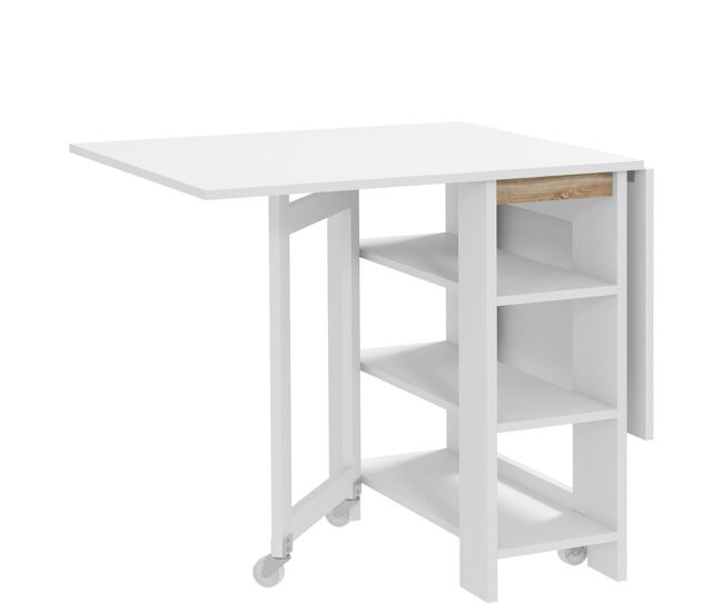 Homcom mesa dobrável com asas dobráveis mesa de cozinha com 2 rodas e prateleiras estilo moderno 120x60x75 cm branco