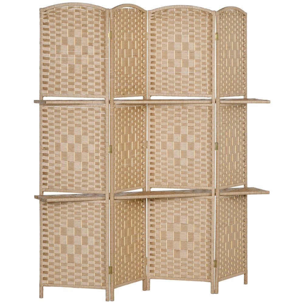 Homcom biombo de 4 painéis 160x170 cm separador de ambientes dobrável com 2 prateleiras de exibição para escritório quarto natural