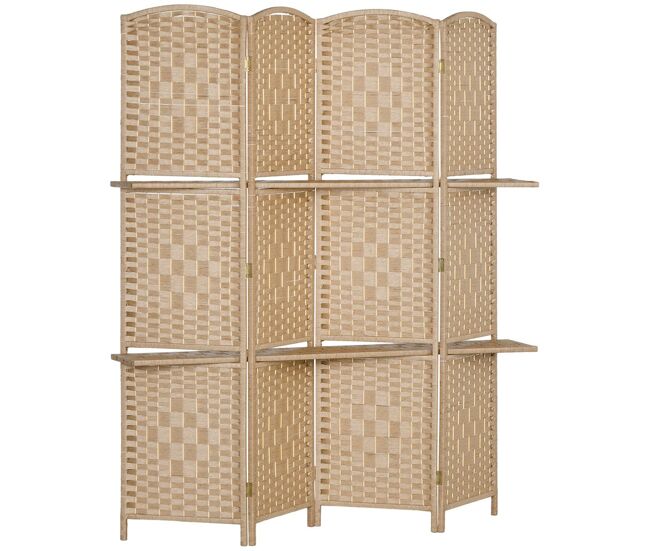 Homcom biombo de 4 painéis 160x170 cm separador de ambientes dobrável com 2 prateleiras de exibição para escritório quarto natural