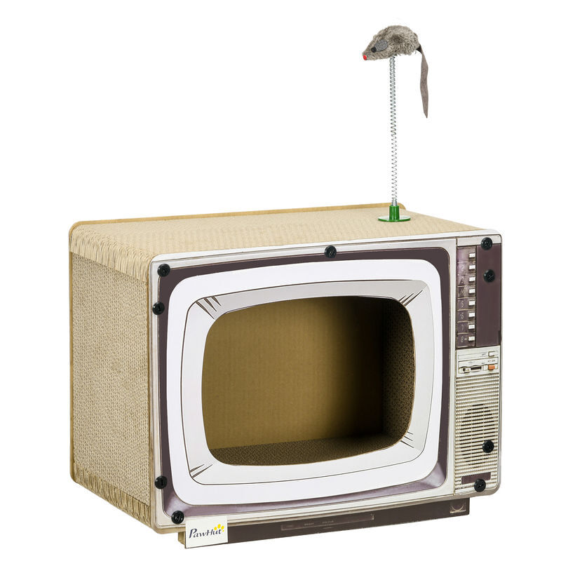 Pawhut arranhador de cartão para gatos casa para gatos em forma de televisor com rato de brinquedo centro de atividades para animais de estimação