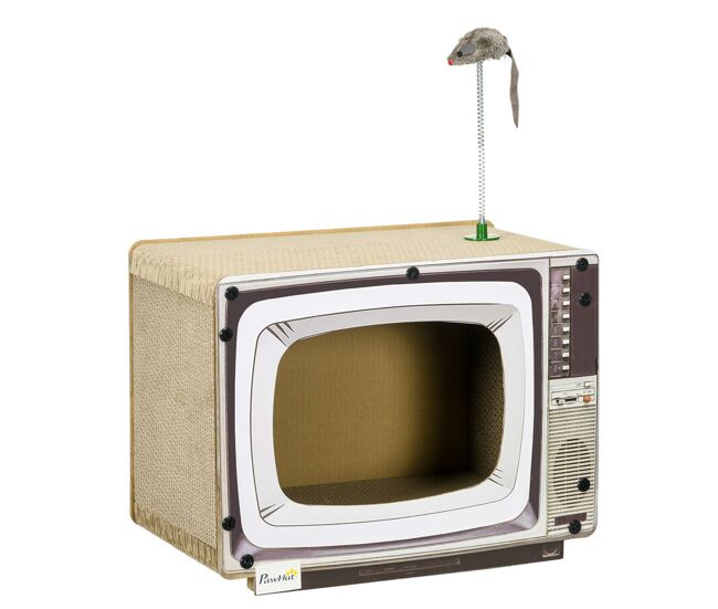 Pawhut arranhador de cartão para gatos casa para gatos em forma de televisor com rato de brinquedo centro de atividades para animais de estimação