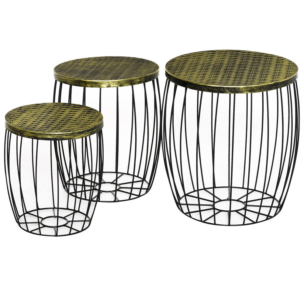 Outsunny conjunto de 3 mesas de jardim empilháveis mesas auxiliares de jardim redondas com estrutura metálica e tampo imitação vime para varanda