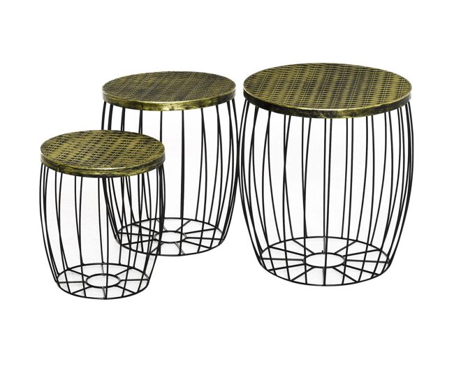Outsunny conjunto de 3 mesas de jardim empilháveis mesas auxiliares de jardim redondas com estrutura metálica e tampo imitação vime para varanda