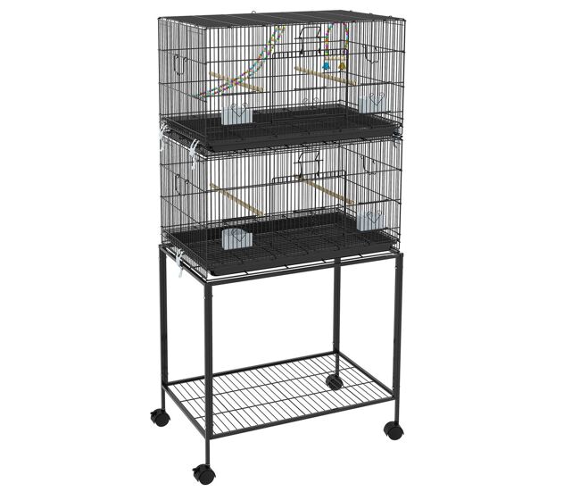Pawhut gaiola dupla e empilhável para pássaros 77x46x164 cm gaiola de metal para pássaros com rodas poleiros bandeja amovível comedouros baloiço e