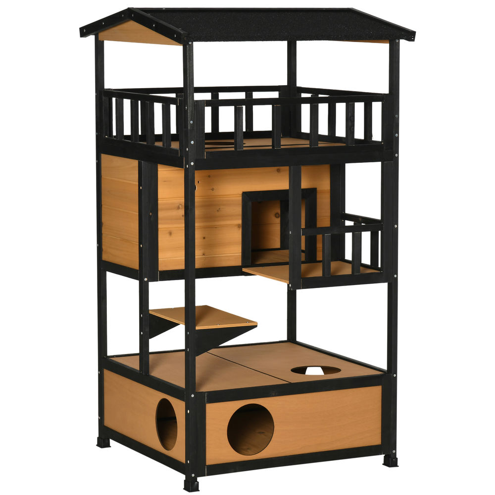 Pawhut casa para gatos de madeira 75,5x75x137 cm abrigo para gatos com telhado asfáltico plataformas e ninho para interior e exterior natural