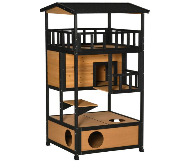 Pawhut casa para gatos de madeira 75,5x75x137 cm abrigo para gatos com telhado asfáltico plataformas e ninho para interior e exterior natural