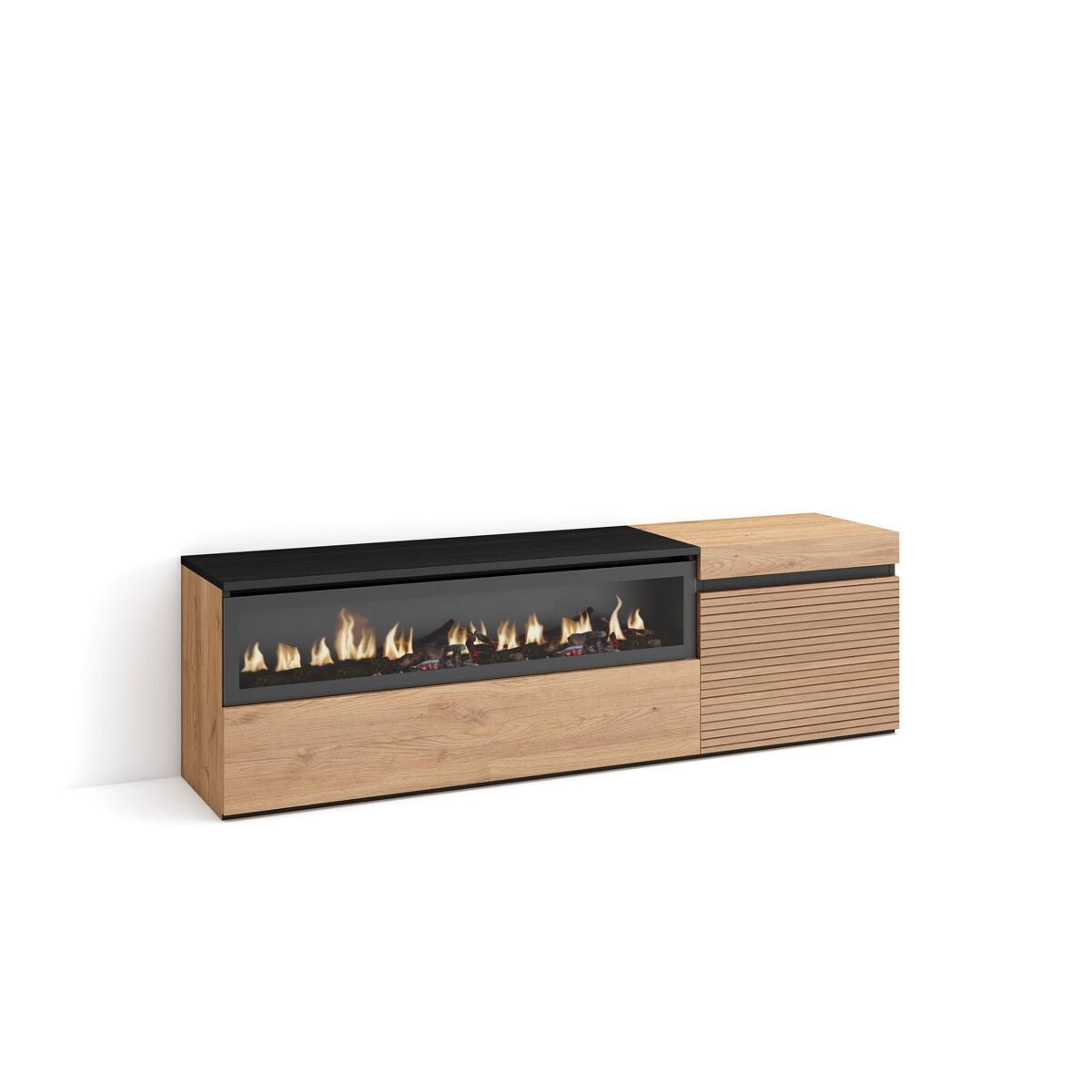 Móvel de tv, muito espaço de arrumação, 150x35x45cm, para televisores até 65", lareira électrique, estilo moderno, carvalho