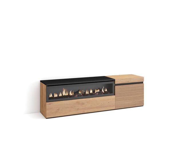 Móvel de tv, muito espaço de arrumação, 150x35x45cm, para televisores até 65", lareira électrique, estilo moderno, carvalho