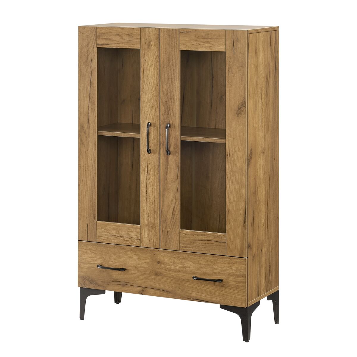Vitrina søndersø com 2 portas, prateleira de vidro e aglomerado 115 x 70 x 31 cm - efeito carvalho e preto [en.casa]