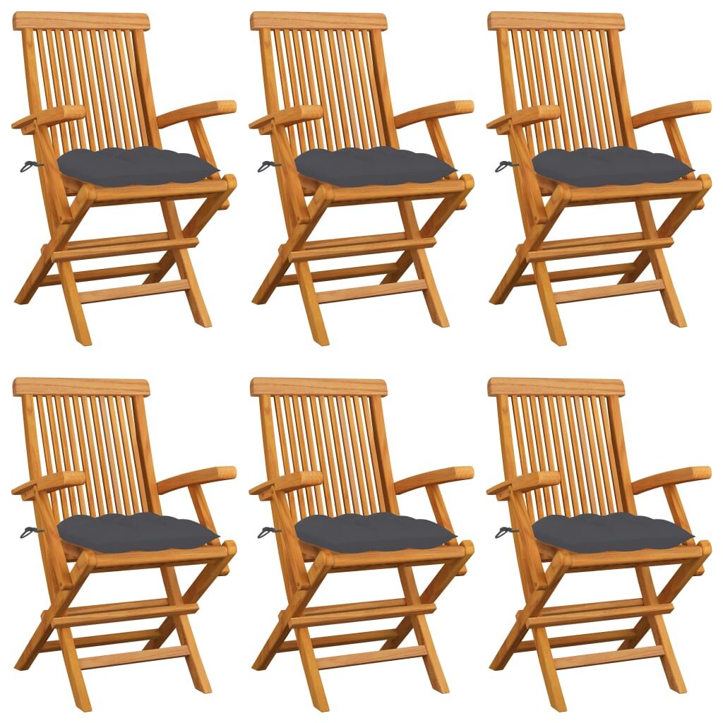 Vidaxl cadeiras de jardim c/ almofadões antracite 6 pcs teca maciça