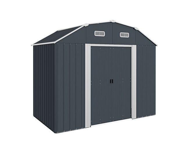 Outsunny abrigo de jardim 2,7 m² 238x132x198,5 cm abrigo de exterior metálico com base prateleiras ajustáveis 2 portas de correr e 2 janelas de