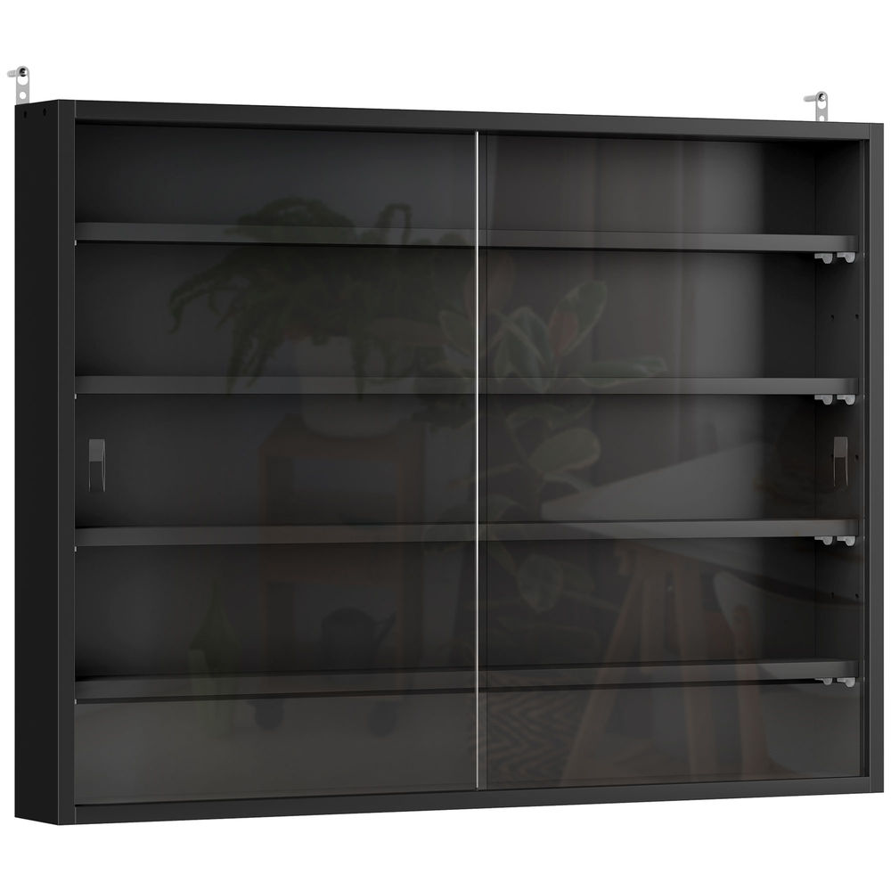 Homcom vitrina expositora para coleções com 5 níveis, vitrina de parede, com prateleiras ajustáveis e 2 portas de vidro deslizantes, para perfumes, figuras decorativas, 80x9,5x60 cm, preto