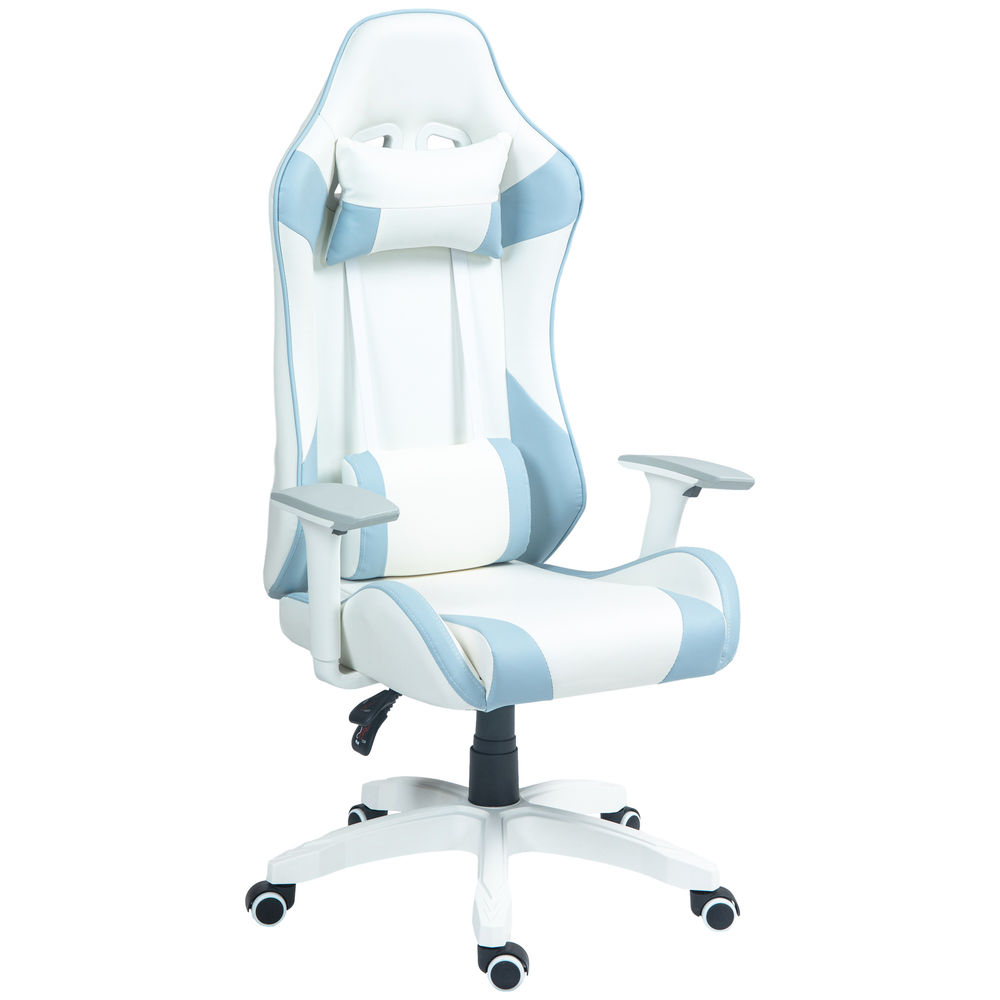 Homcom cadeira gaming reclinável cadeira gamer giratória com almofada lombar apoios de braços ajustáveis apoio de cabeça basculante e altura ajustável para escritório 67x60x120-128 cm branco e azul