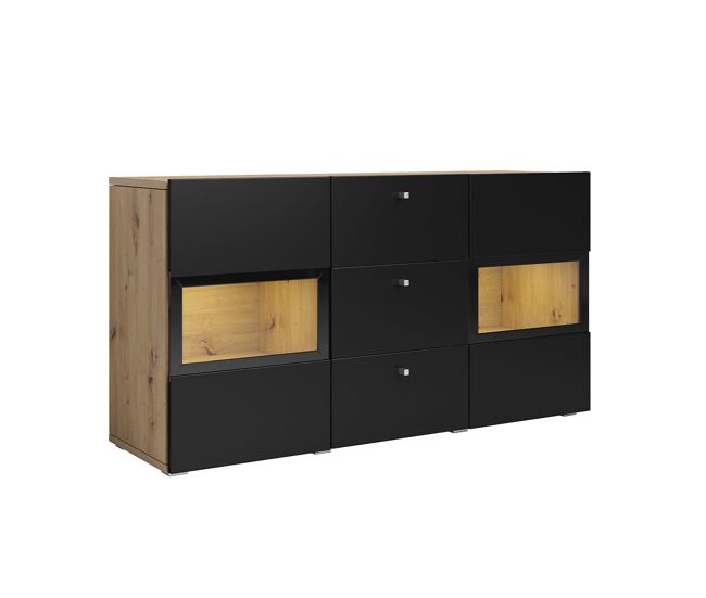 Aparador 2 portas 3 gavetas com led sloan noir e madeira