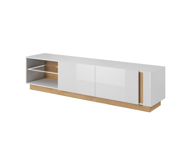 Arcade4 tv-stand com um estilo moderno, medindo 46x188x40 cm e tem 4 prateleiras, 2 portas, bem como iluminação led
