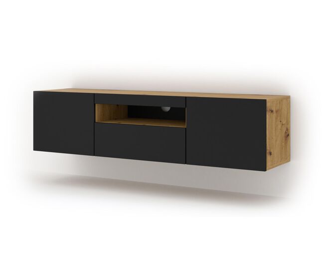 A mesa de tv aura num estilo moderno. mede 42x150x37 cm e inclui 4 prateleiras e 3 portas.
