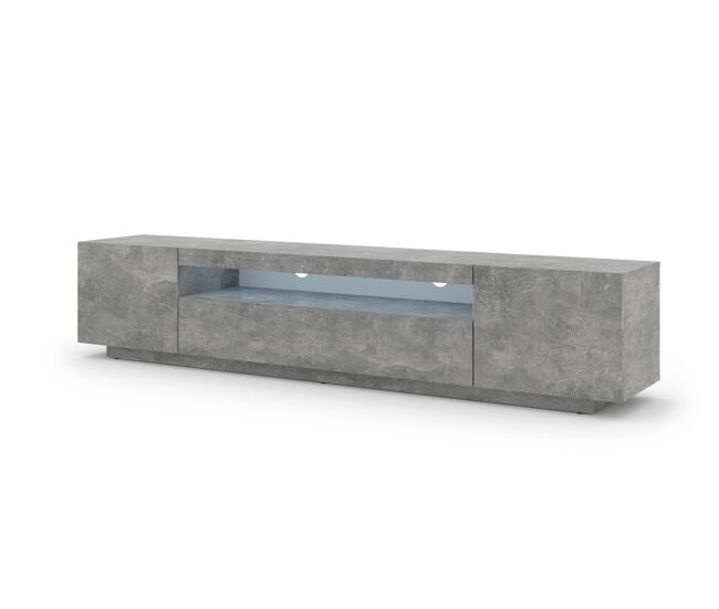 A mesa de tv aura num estilo moderno. mede 42x200x37 cm e inclui 4 prateleiras e 3 portas.