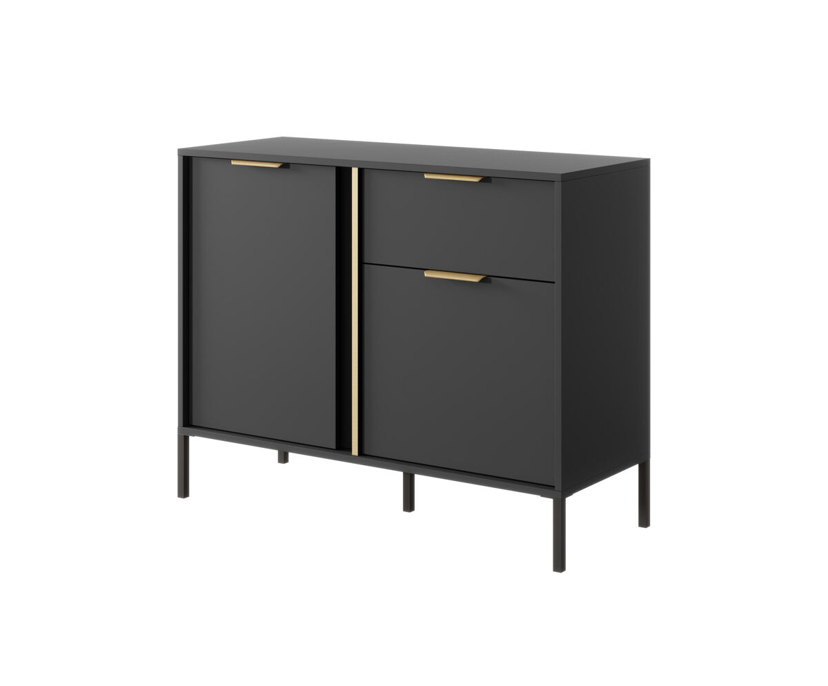 Cómoda lars em preto, dourado com um estilo moderno, medindo 82x104x40 cm e tem 4 prateleiras, 2 portas e 1 gaveta