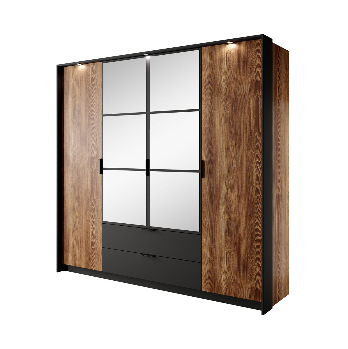 Roupeiro milton em castanho, preto, com um estilo moderno, mede 210x224x59 cm e tem 10 prateleiras, 4 portas e 2 gavetas com iluminação led