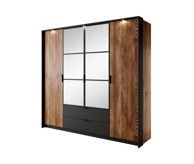 Roupeiro milton em castanho, preto, com um estilo moderno, mede 210x224x59 cm e tem 10 prateleiras, 4 portas e 2 gavetas com iluminação led