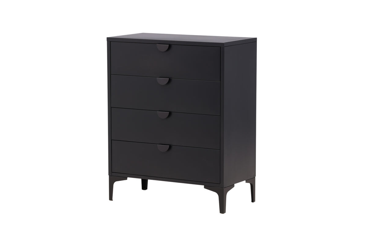 Cómoda piring em preto com estilo moderno, mede 117x78x40 cm e tem 4 gavetas