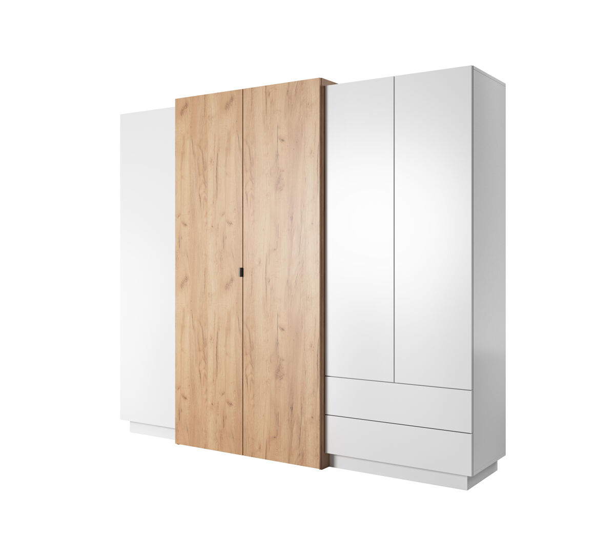 Roupeiro em branco, dourado com um estilo moderno, medindo 202x230x52 cm e tem 10 prateleiras, 4 portas e 2 gavetas