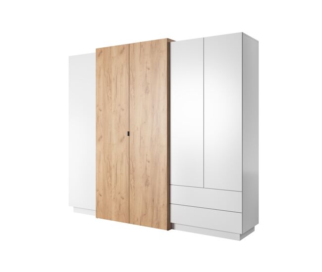 Roupeiro em branco, dourado com um estilo moderno, medindo 202x230x52 cm e tem 10 prateleiras, 4 portas e 2 gavetas