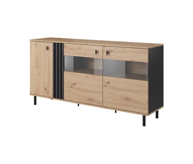Cómoda madis em bege, noir com um estilo moderno, medindo 82x165x40 cm e tem 6 étagères, 3 portas, bem como iluminação led