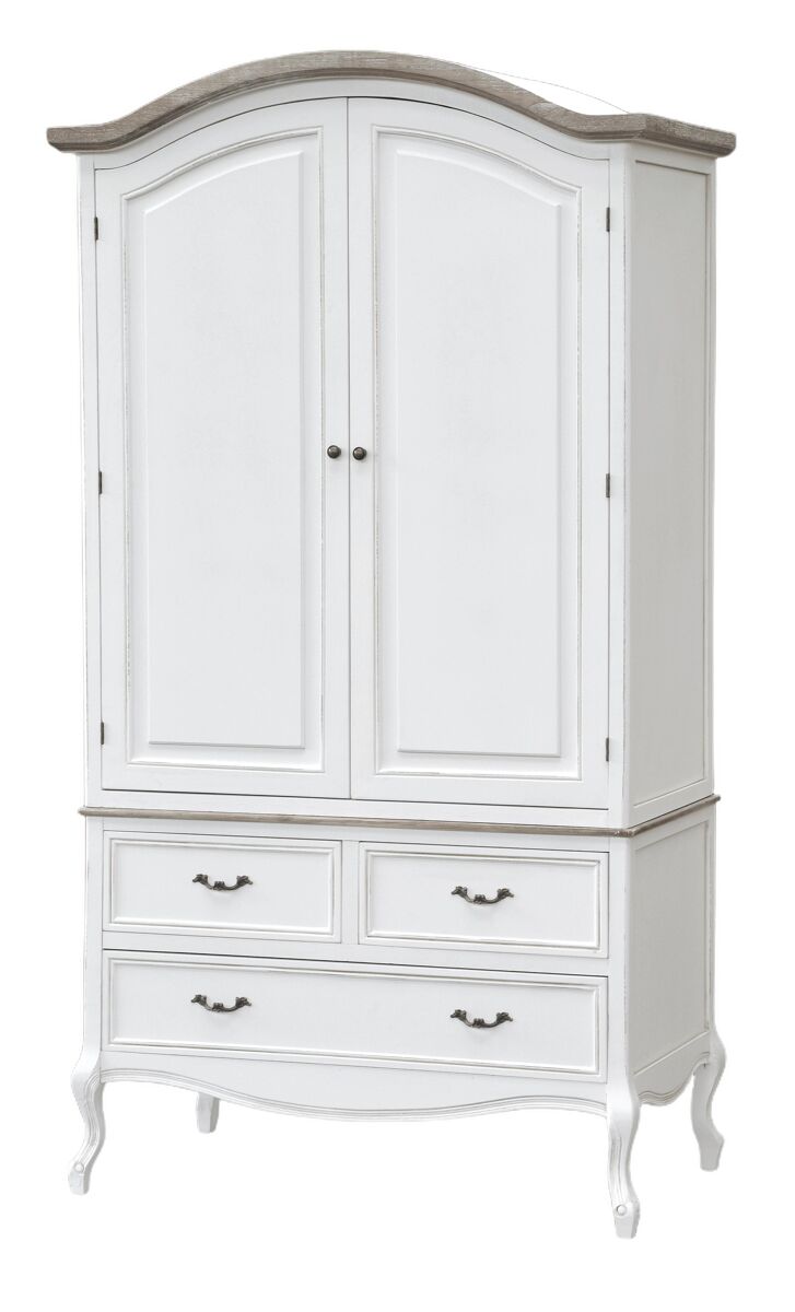 Roupeiros rimini white, de cor branca e castanha, em estilo campestre francês, com 205x110x59 cm, com 2 portas e 3 gavetas