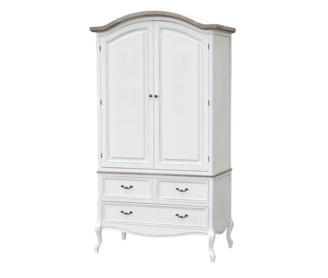 Roupeiros rimini white, de cor branca e castanha, em estilo campestre francês, com 205x110x59 cm, com 2 portas e 3 gavetas
