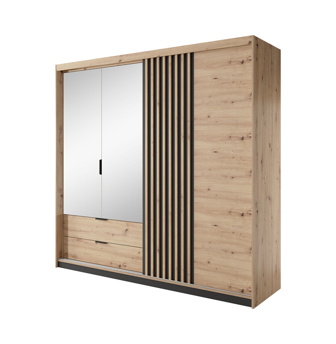 Armário tally em bege, preto, com um estilo moderno, medindo 211x220x60 cm e com 6 prateleiras, 3 portas e 2 gavetas com iluminação led