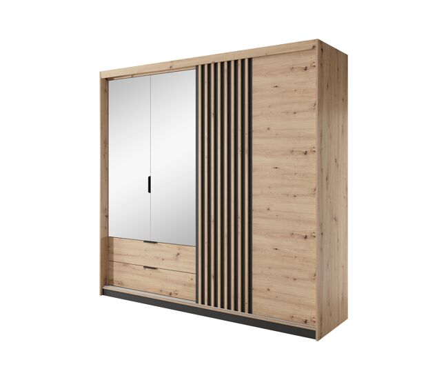 Armário tally em bege, preto, com um estilo moderno, medindo 211x220x60 cm e com 6 prateleiras, 3 portas e 2 gavetas com iluminação led
