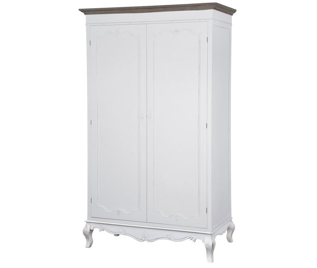 Roupeiros rimini white, de cor branca e castanha, em estilo campestre francês, medindo 200x120x60 cm, com 2 portas e 3 prateleiras
