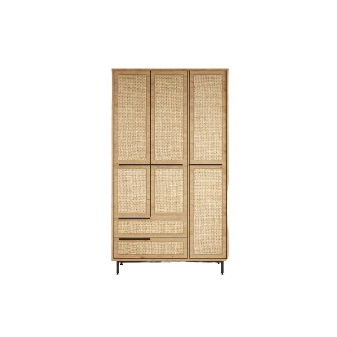 Roupeiro ocean, de cor bege claro, num estilo moderno, medindo 196x112x55 cm, com 3 portas e 2 gavetas e 6 prateleiras