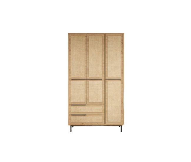 Roupeiro ocean, de cor bege claro, num estilo moderno, medindo 196x112x55 cm, com 3 portas e 2 gavetas e 6 prateleiras