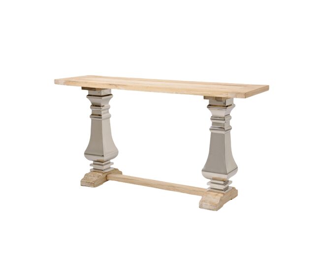 Mesa de consola glamour, em cor de madeira natural, estilo glamoroso, com 85x160x45 cm