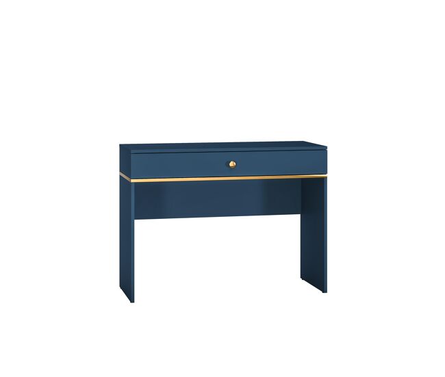 A mesa de consola marine em azul, dourado é feita de madeira trabalhada e apresenta um design moderno.