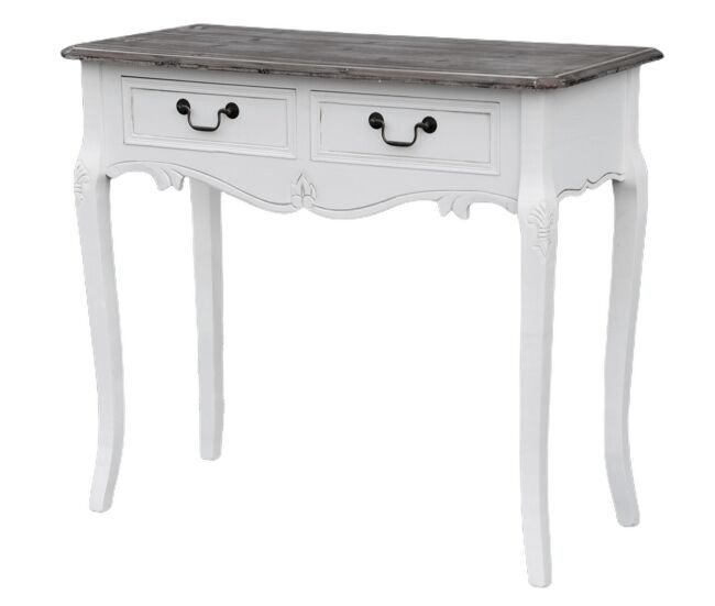 Mesa de consola rimini white, de cor branca e castanha, em estilo campestre francês, mede 78x90x40 cm e tem 2 gavetas
