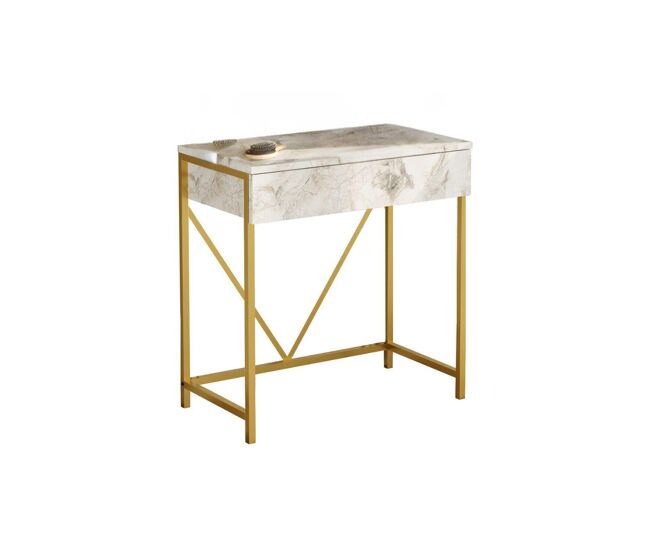 Mesa de consola voyage, de cor cinzenta e dourada, com um estilo moderno, mede 75x72x40 cm e tem 1 gaveta